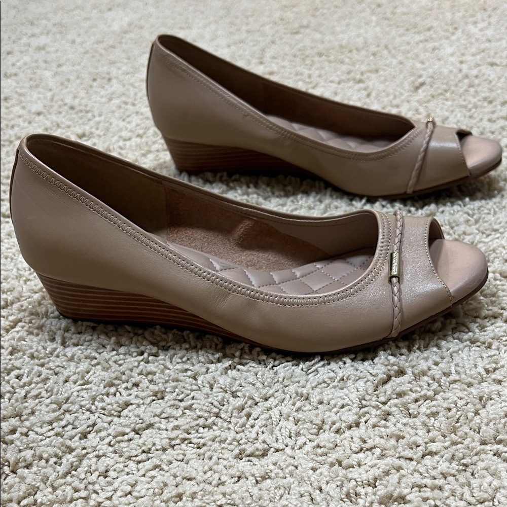Cole Haan Taupe Peep-Toe Wedges